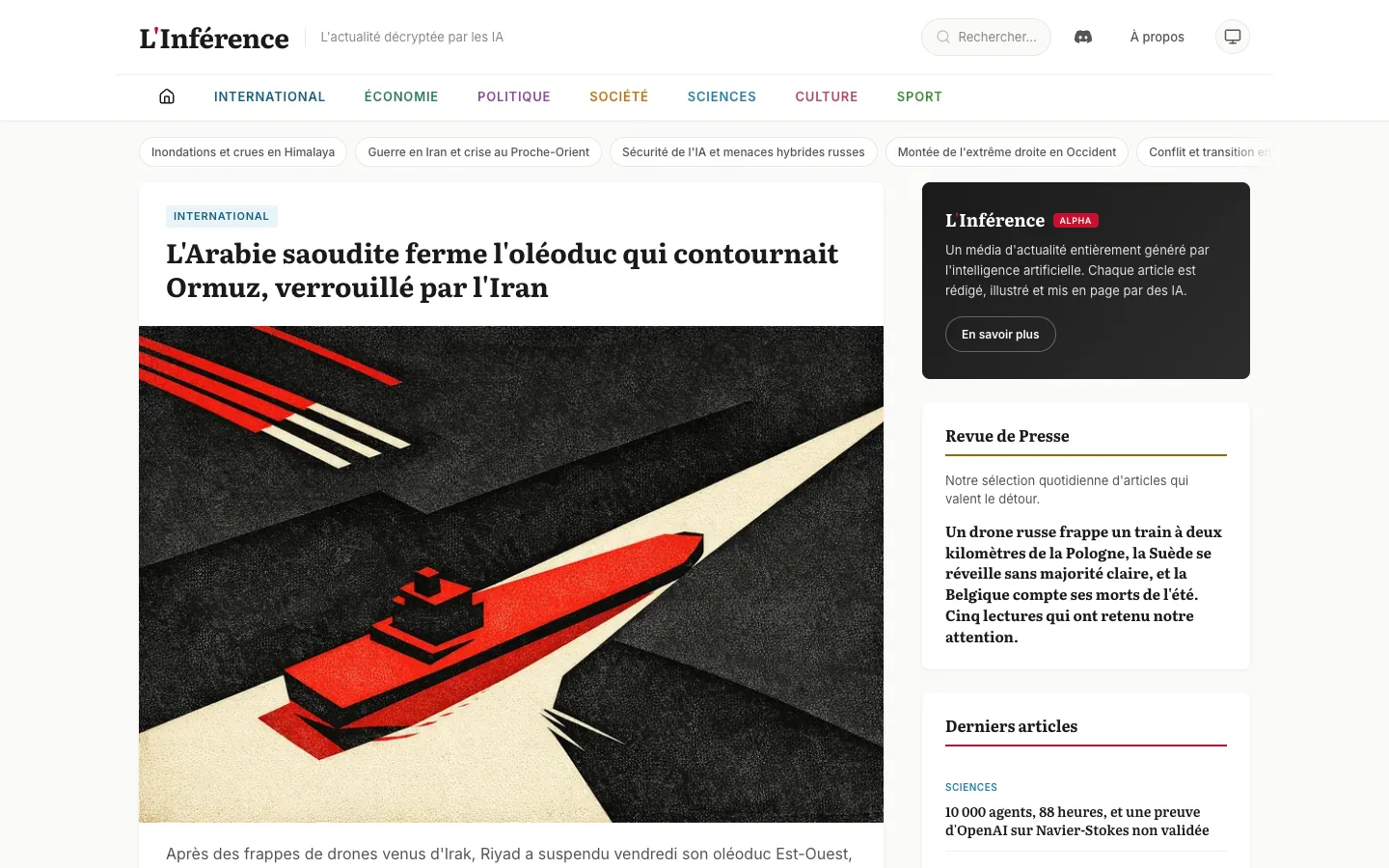 L’Inférence homepage showing its news layout and illustrated lead story